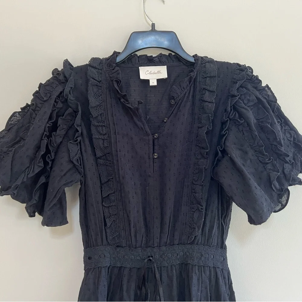 Cleobella Brigitte Midi Ruffled Bubble Sleeve Smocked Tiered Dress Black, Medium - Picture 5 of 9